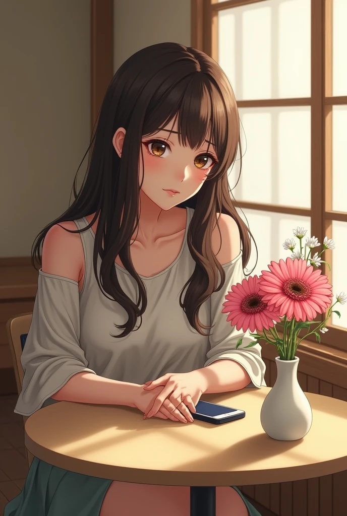 20-year-old woman, cute room, window side, Japanese-style room, table(A round beige table)A woman with long hair, Japanese, human-like manga, beautiful in detail, with a melancholic, lonely expression, eyes open, brown eyes, places her iPhone on the table. Profile view. She leans over the table. A vase with pink Gerberas, small white flowers, and a white vase is by the window. Western-style room.
