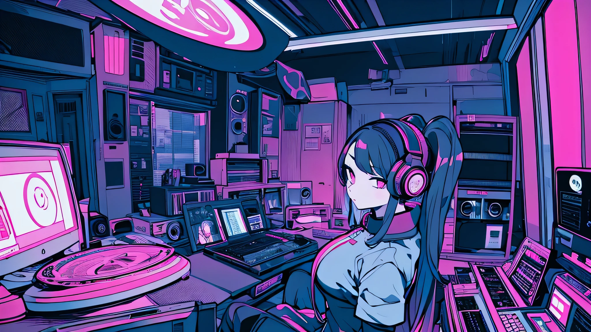 Best quality, (masterpiece), best detail face,1 girl, big breasts, Side view , 18 yo, 8k,absurdres,unity 8k wall paper,(extremely detailed:1.3), highest realistic, (retro headphones:), (soft neon light:), (psychedelic), Her room full of music equipment and records, sports wear , See the whole room , dark grey color pallet, pony tail hair
