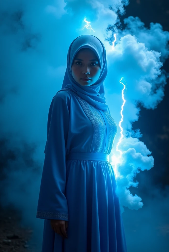 Mysterious charming image
Indonesian woman surrounded by thick electric smoke. The smoke is blue with white lightning strikes, translucent and billowing, creating an eerie and enchanting atmosphere. The woman has an alluring gaze and wears a hijab and bright blue Muslim clothing. shimmering with mysterious energy. The backdrop is a dark void, with thick, electric smoke creating a sense of intrigue and otherworldly clarity. very detail