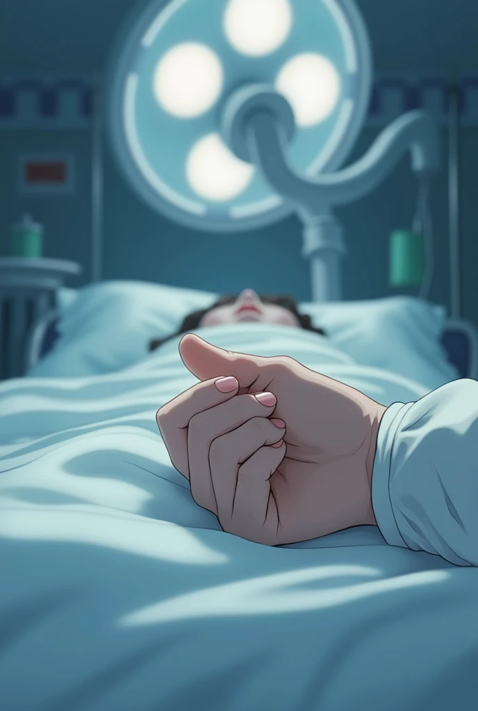 A woman's hand. Clutching bedsheet tightly. Hospital background. Cinematic view. Side view. High quality Anime style
