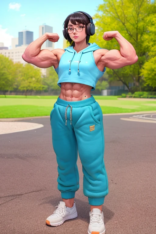 very attractive feminine woman, fullbody view, Ultra cute muscular nerdy girl, short hair, glasses, muscular shoulders, veins, baggy sleeveless hoodie, shy cute and lovely woman, sweatpants, oversized long baggy hoodie, ripped, shredded six pack abs, absolutely no body fat, perfect muscle definition, badass, breathtaking, gorgeous, gentle, headphones around neck, in park outside, ultra ripped shredded muscular sic pack abs, ((((veins everywhere))))