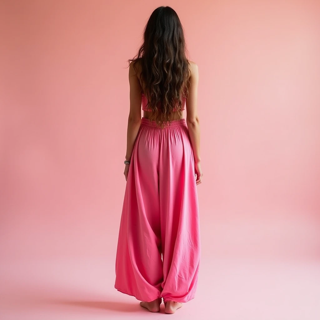 Tall Women,solo,Long Hair,Bright pink, whole body,Standing pose, Arabian Nights,Long and Wide Harem Pants,barefoot