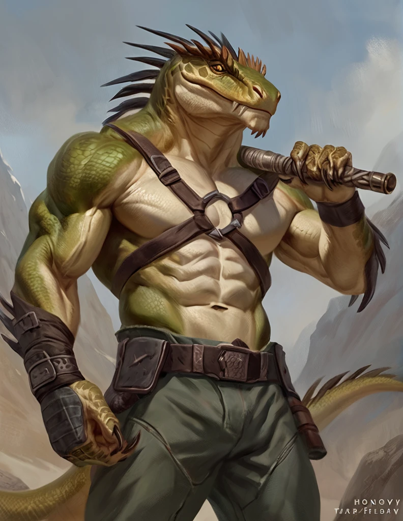 a ferocious male lizardfolk mercenary, muscular detailed body with claws, masculine pose, wearing pants and belts on chest, comic book style illustration, best quality, 4k, ultra-detailed, realistic, by laobai, by taran fiddler, by honovy