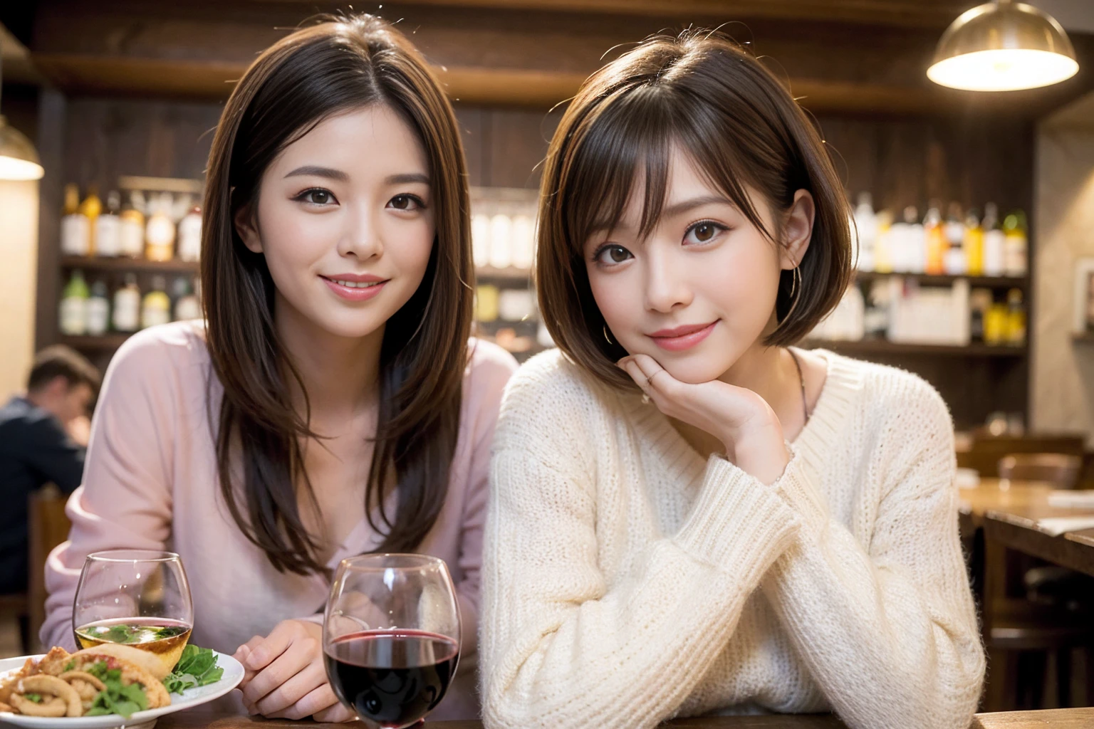 (Realistic:1.1),(masterpiece,Highest quality),8k,(49 years old), 53 years old, ベリーslimボディ、slimカップル、Tight waist,Upper Body,full-course dinner、wine 、Amazing view of the sunset sky and clouds、Perfect Anatomy, Brown Hair, short hair,Random Hairstyles,((Highly detailed face and eyes:1.2)),Perfect golden ratio face,Long sleeve shirt、dress,(smile:1.2)、Shortcuts、cute、(Realistic, Intricate details:1.2), A bright smile、short hair,Bright Face、赤wine 、Appetizers、Italian food、wine bottle、Champagne、スパークリングwine、(slimな顔), (The body is slim), (Brown Hair), (Shortcuts), Upper Body, 白wine, slim, wineグラス,