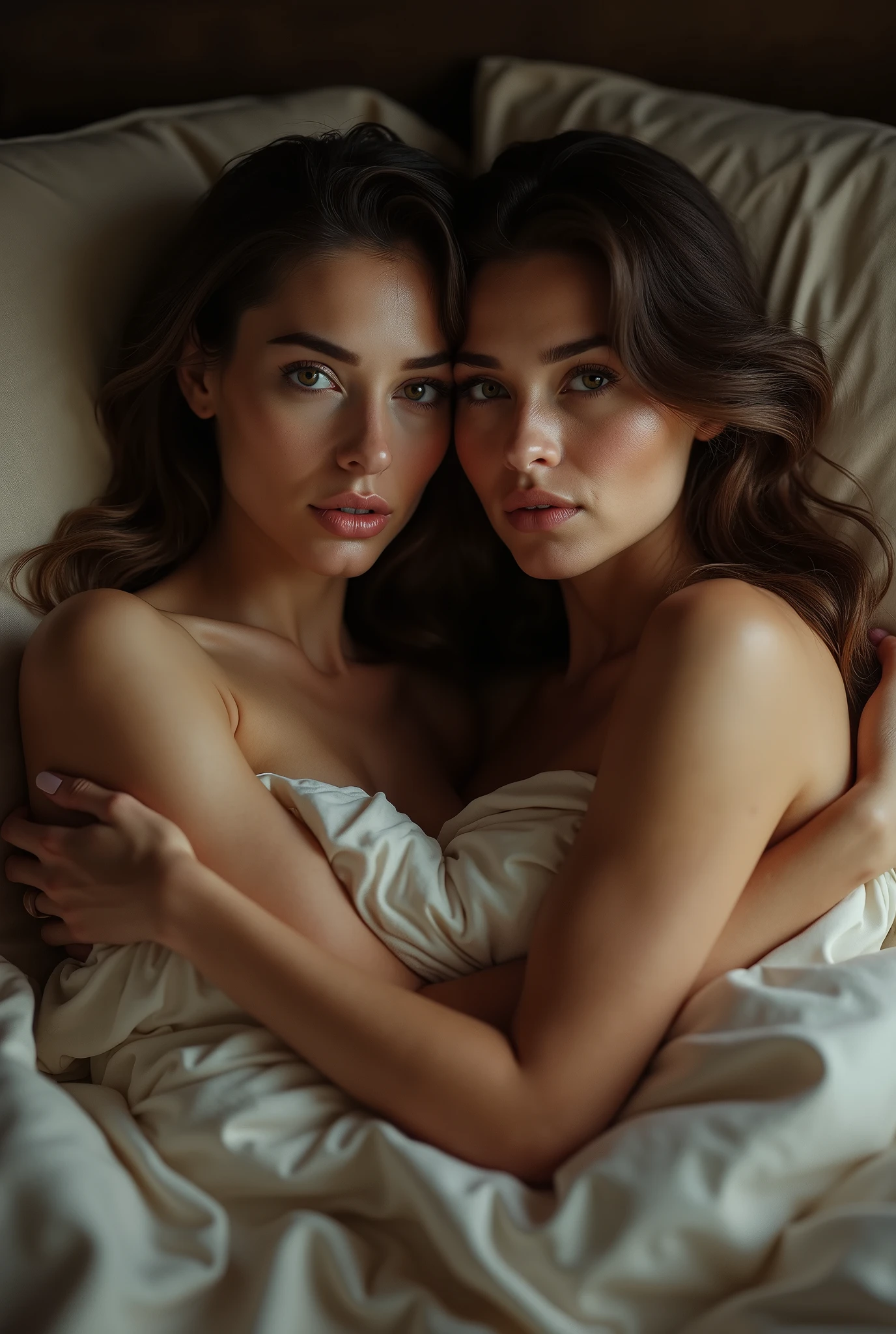 Naked women in bed showing their eyes