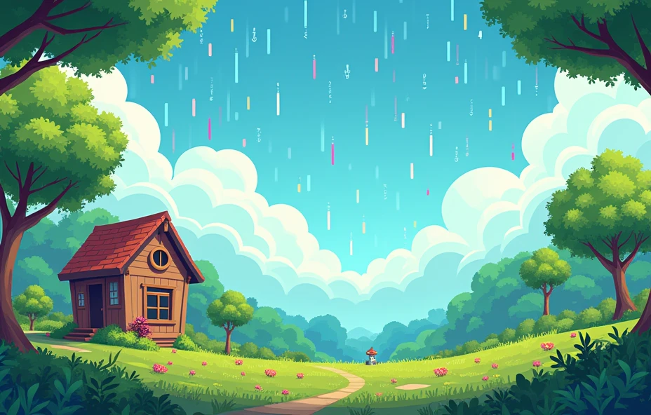 Create a background for the main menu of an educational game Include a landscape filled with tree, brown house, and data in various forms rain binary, pixel art 2d, simple one