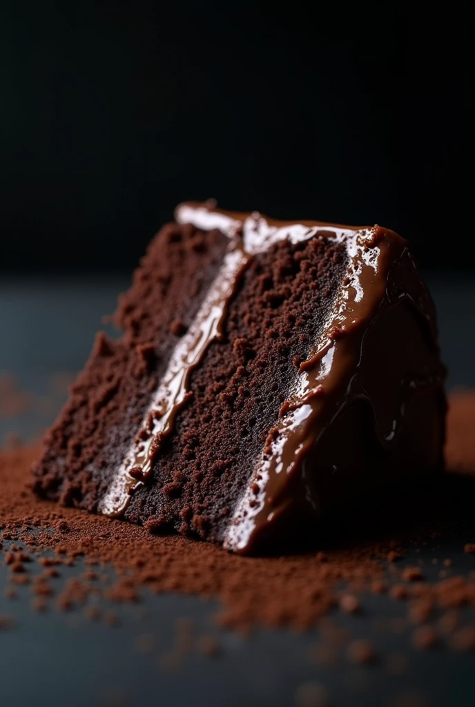 cinematic film still chocolate, chocolate cake, dark background, quality photo, moist texture, frosting, studio photo, slice . shallow depth of field, vignette, highly detailed, high budget, bokeh, cinemascope, moody, epic, gorgeous, film grain, grainy