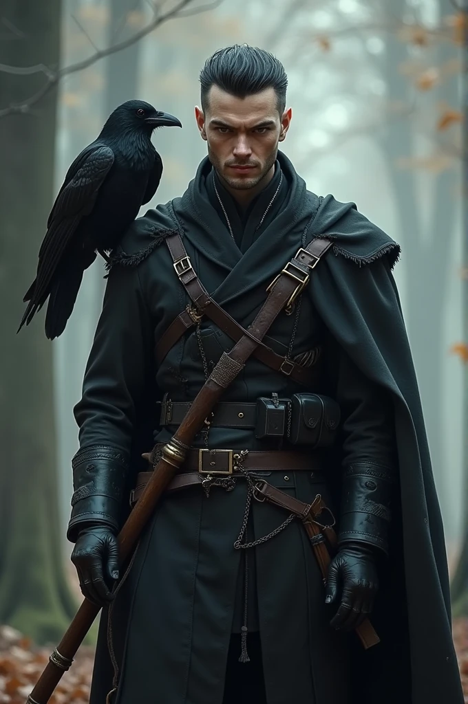 RPG filter
Half-elf, offwhite, with a staff and a raven
Rebellious, militar, short black hair, with white streaks in their hair , he is a man, no beard but very masculine, bad boy, burglar, He's not that old, around 24 years old, has no fringe, Your hair is slicked back with shaved sides