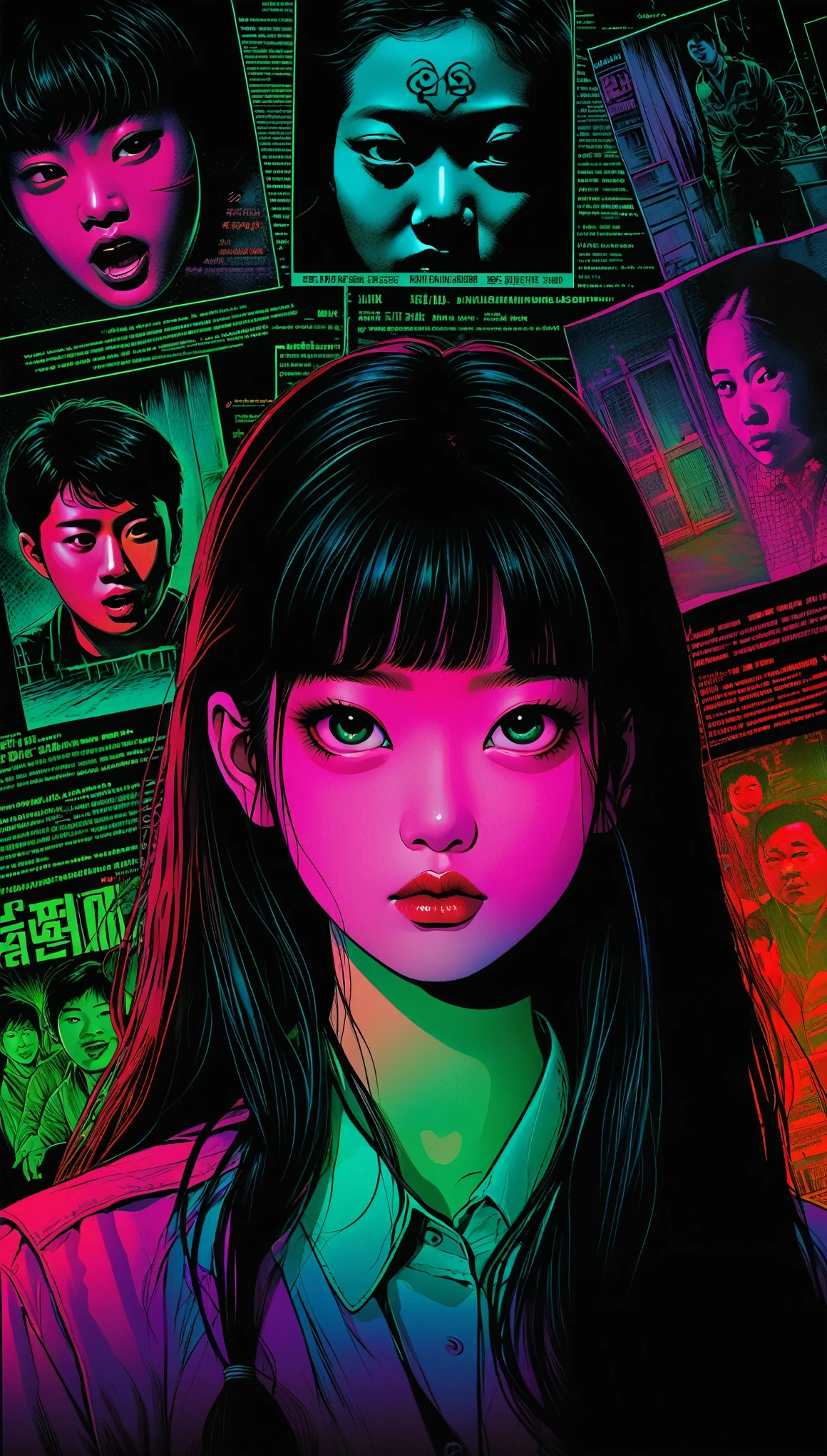 An illustration、art、80s Thai horror movie poster, Supervised by Junji Ito、(high :1.0)、factory、Attention to detail, Realistic Shadows、Analog Style, chromatic aberration, Surrealism、Complementary Gradient