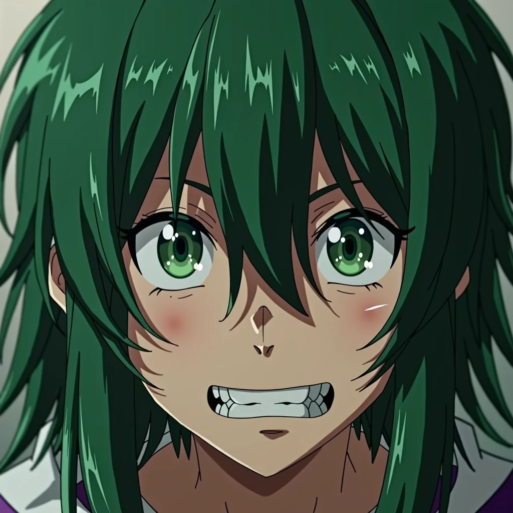 eyes are hidden by bangs,　Green Hair　Jagged teeth　male　Long bangs