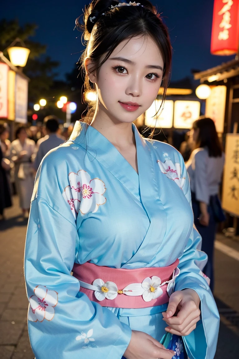 Close-up、1 of、20th Generation、(smile, Happy:1.2)、((Floral Yukata))、band、A delicate depiction of a kimono、Bun Hair、 perfect body、Cowboy Shot, night、((There are many festival stalls lined up on both sides of the road.))、a lot of people、8k, Highest quality, masterpiece, Realistic, Very detailed, Vibrant colors, Professional Lighting, Cinematic, Dramatic lighting, Looking into the camera,