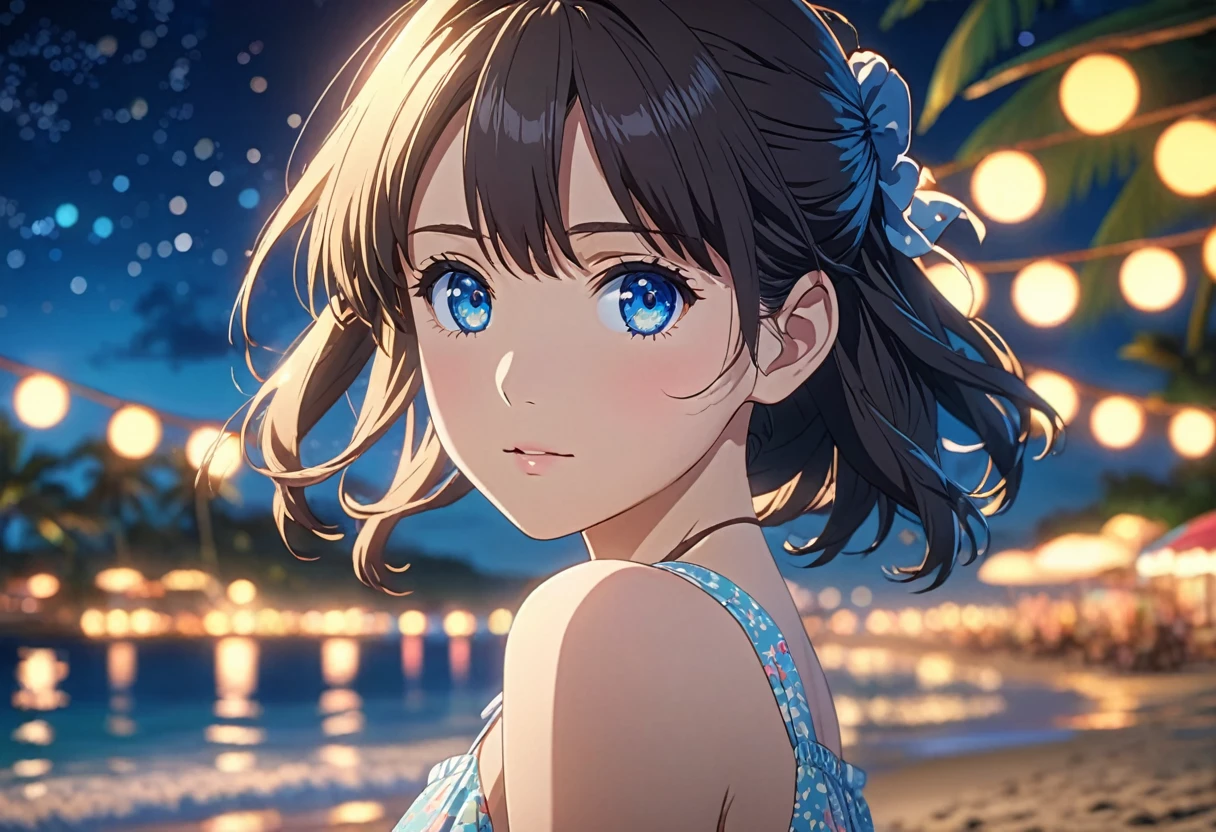 A anime screenshot of a girl wearing sundress on a beach at night. Looking at viewer, beautiful detailed eyes, bokeh, depth blur . anime style, key visual, vibrant, studio anime, highly detailed