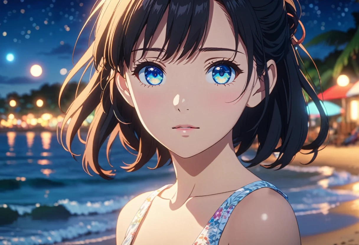 A anime screenshot of a girl wearing sundress on a beach at night. Looking at viewer, beautiful detailed eyes, bokeh, depth blur . anime style, key visual, vibrant, studio anime, highly detailed