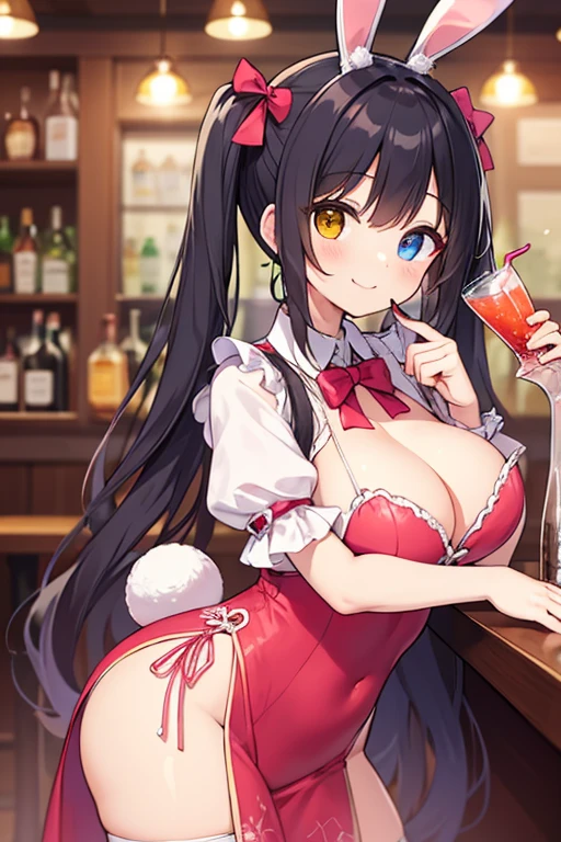 (masterpiece, top quality, detailed drawing, beautiful hair, beautiful eyes, perfect face, perfect anatomy), crowded bar, short twin tails hair, black hair, very , droopy eyes, heterochromia, pink eye, orange eye, very huge breasts, height 145cm, 13 year oring big bunny ears, smiling and carrying drinks wearing big bunny ears and a tvery ight bunny-girl outfit, smiling and serving drinks.