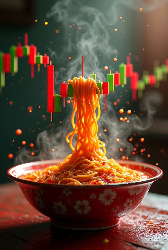 Can you create the modern 3d forex chart trading with three line of 3D moving average line indicators. chart against red and green candlesticks, Chart Ejaculate break out from very spicy soup noddle bowl. Graph make soup splashing from blow. Focus on forex chart
