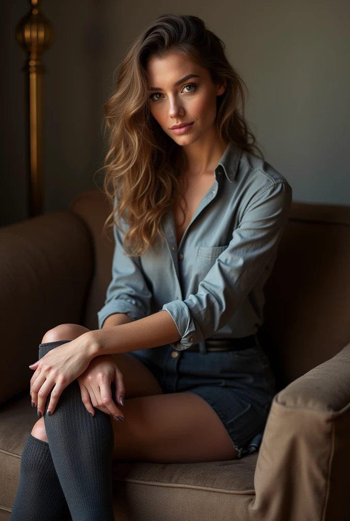 A woman in tights and a shirt is sitting on a couch, anna nikonova、Also known as New Milky Way, wearing a gray shirt, Knee-high socks and skirt, shiny tights, Elegant seductive pose, seductively looking forward, very seductive pose, elegant pose, Mia Kishner, sexy look, captivating and fascinating, ekaterina, amaranth