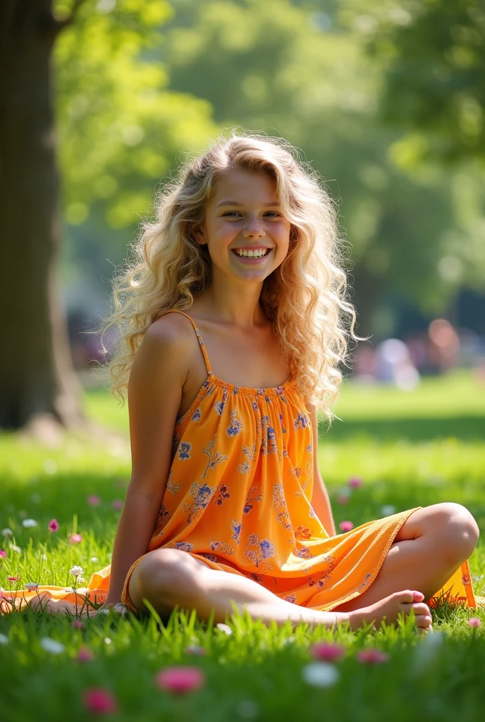 A blond girl with curly hair and big breasts sits with her legs in a park