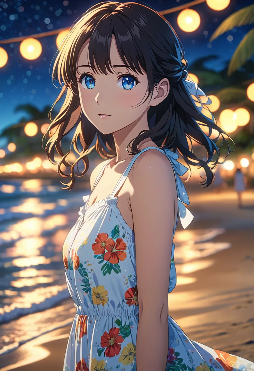 A anime screenshot of a girl wearing sundress on a beach at night. Looking at viewer, beautiful detailed eyes, bokeh, depth blur . anime style, key visual, vibrant, studio anime, highly detailed