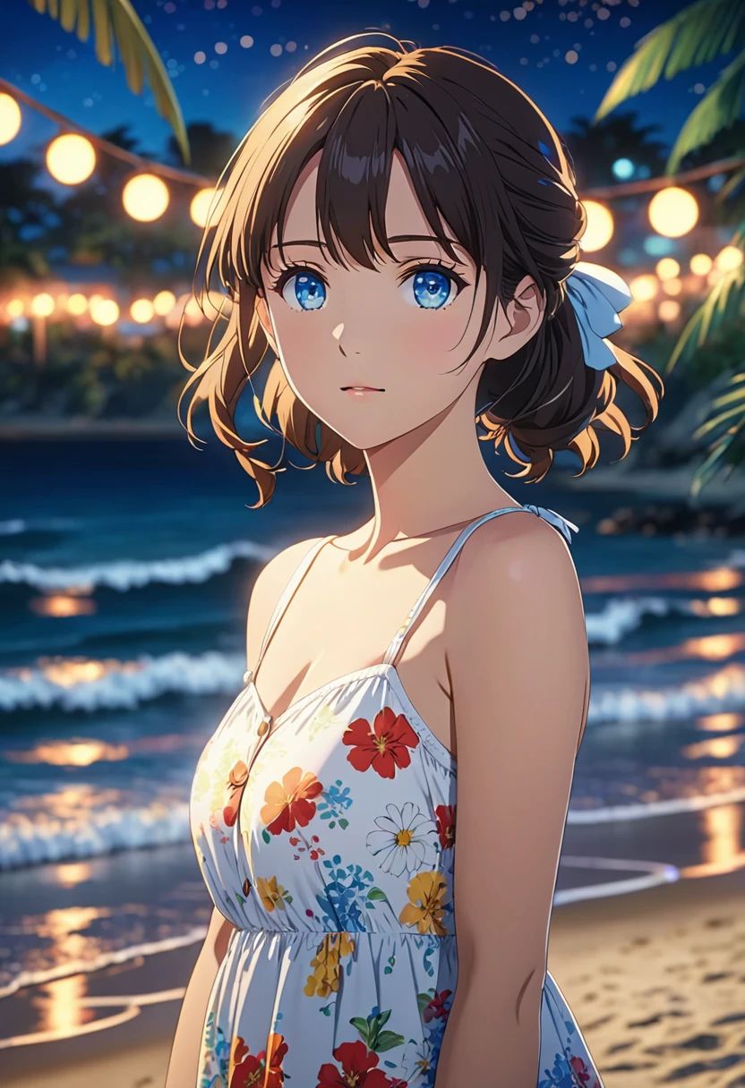 A anime screenshot of a girl wearing sundress on a beach at night. Looking at viewer, beautiful detailed eyes, bokeh, depth blur . anime style, key visual, vibrant, studio anime, highly detailed