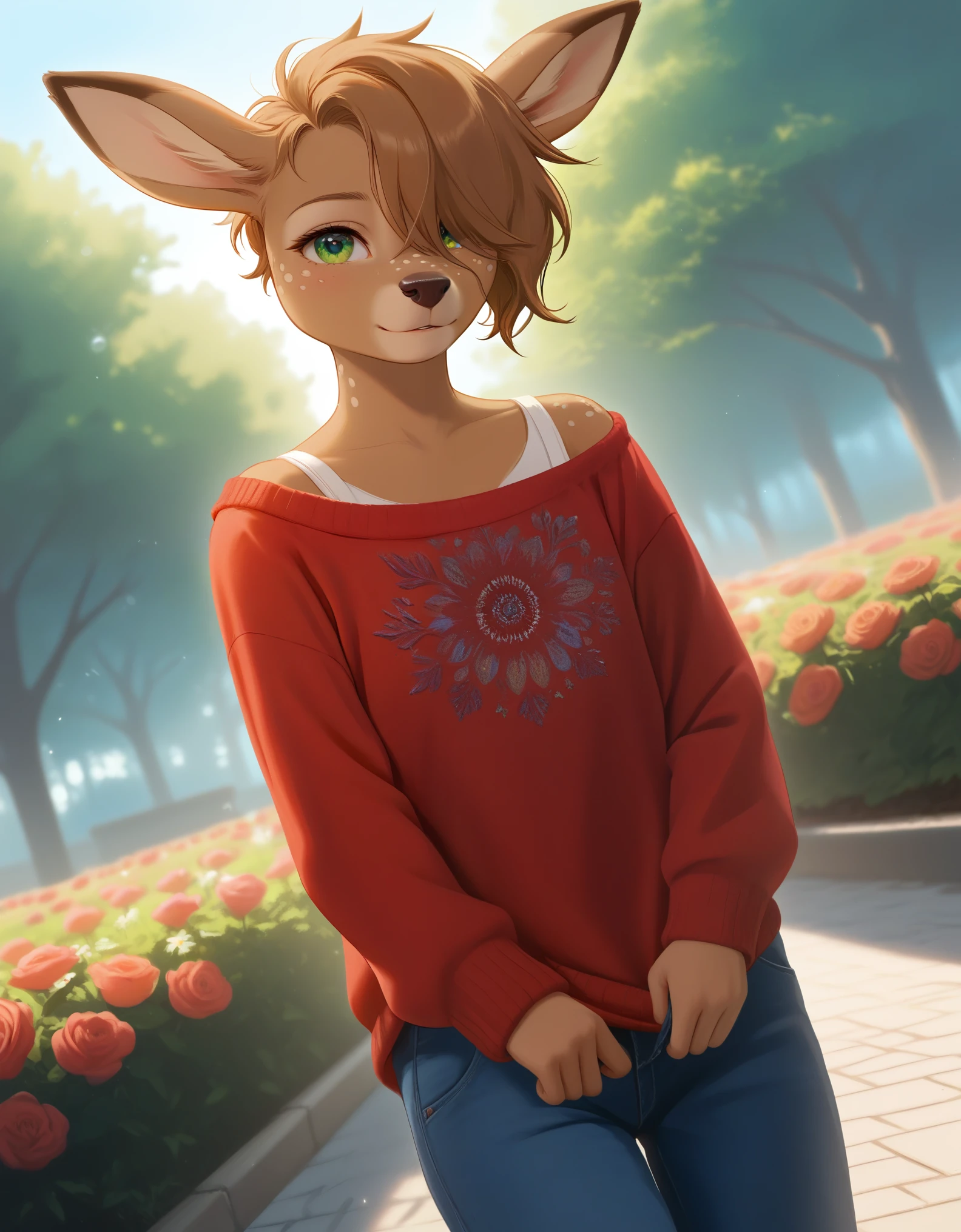 Solo, 1girl, female, adult, lotte, deer girl, furry female, body fur, animal nose, snout, animal ears, green eyes, brown hair, short hair, freckles, cute face, perfect anatomy, detailed skin, detailed eyes, perfect hands, perfect face, small breast, hair over one eye, BREAK sweater, long sleeves, off-shoulder shirt, pants, BREAK outdoors, park, colorful, sunset, looking at viewer, dutch angle, BREAK ((ultra-detailed)), ((best quality)), ((best quality)), ((beautiful eyes)), ((extremely detailed)), 4K, (8K), best quality, (beautiful), Master piece, highres, score_9, score_8_up, score_7_up, colorful, best quality, official art, highres, masterpiece, nai3, god light, detailed background, high quality background, very aesthetic, absurdres, 