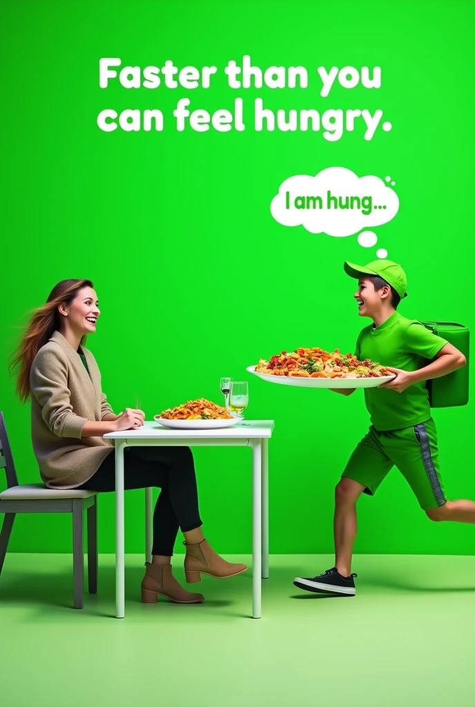 A green-themed, advertisement for Swish, a food delivery startup. The image features a person sitting at a dining table hungry with a thought bubble that reads 'I am hung...'. Before the person can complete the thought, a delivery boy is swiftly running towards the dining table with food in hand. The setting is simple, with clean lines and a focus on green tones. At the top of the image, the text reads 'Faster than you can feel hungry,'