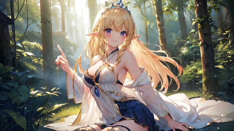 best quality、Highest image quality、Super beautiful elf beauty((22-year-old OL with big bust、Bust 100、Beautiful long permed hair、Blonde、Slender、beautiful tiara、high quality、Elf ears、Happy smile、myth、Sexy的、extremely good、Mysterious Forest、in the woods、super high quality、Super detailed、Ultra-clear、forest、one person、long blonde hair、Swimsuit、dress、dress、Bathrobe、mini skirt、Stockings、Sexy、looking into the distance、number of fingers for precise finger movements