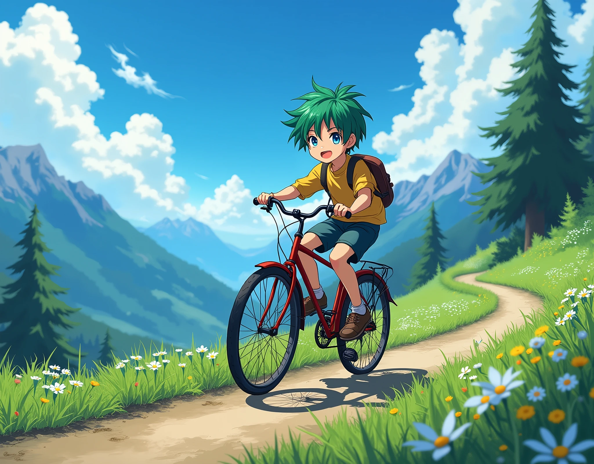(masterpiece), Highest quality, (ultra-detailed), (Anime Style), semi-realistic, 1boy, Riding a Bicycle, mountain,