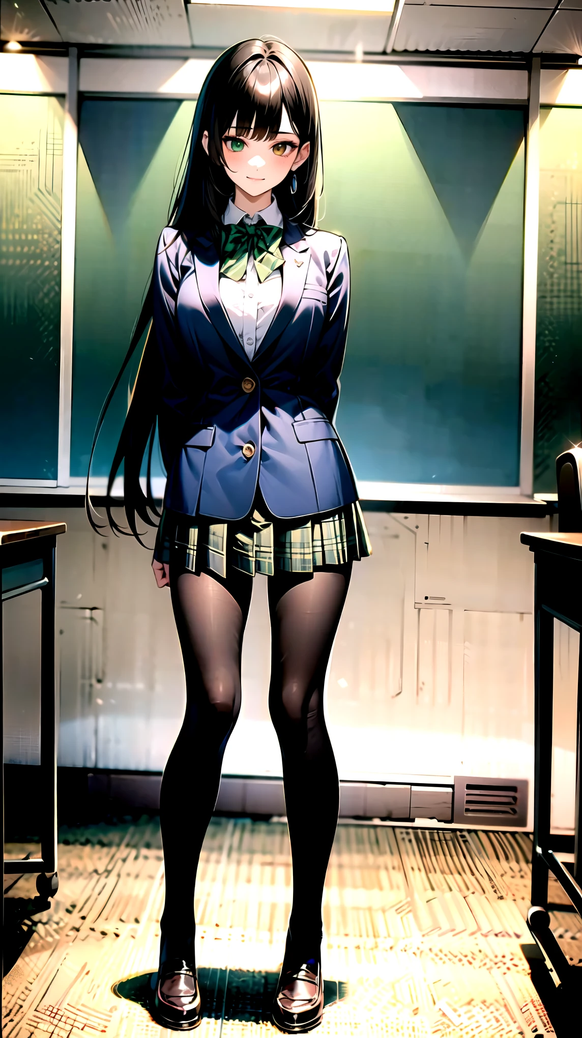 （（super high quality,Ultra-high resolution,4K,8k,super masterpiece,Ultra HD ,Detailed shading））,Full body photo,night classroom,1 high school girl,Blue-green blazer,White dress shirt unbuttoned to the second button,Yellow and black striped bowtie,Brown plaid mini skirt,Black tights,Extremely long, straight, black hair,Side-swept bangs,Heterochromia of orange and green,Sharp gaze with raised eyebrows,smile,