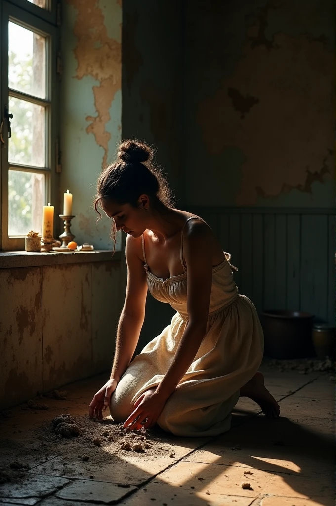 A poor female slave, wearing only a tattered linen dress, is being beaten by her mistress while scrubbing the floor barefoot.