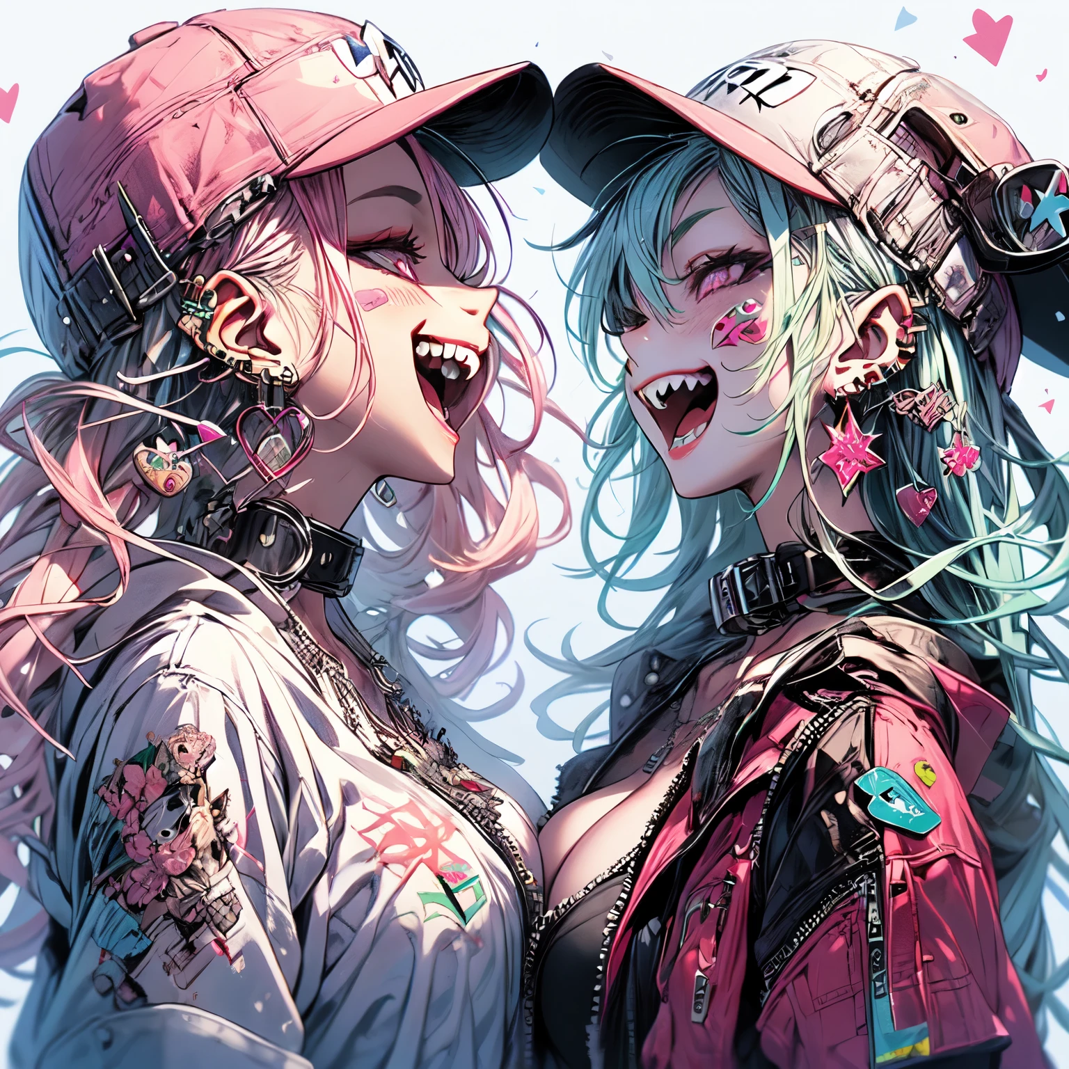 (masterpiece:1.2), Highest quality,Pixiv, Beautiful rebellious girl,Portraiture,
One person, Have, Open your mouth, Glossy Lips, Pink Hair, alone, mischievous smile, Long Hair, White Background, jewelry, badge, button badge, Food, Pink Eyes, Earrings, Simple Background, Harajuku style jacket, Long eyelashes, From the side, Food down, star (symbol), profile, Upper Body, Clothes writing, zipper, collar, Huge and accentuated super huge very huge breasts, Lock, sexy and seductive, Cherry blossoms blowing in the wind, Have ornament, Earrings, Barcode, Portraiture, Stickers, Foodie, smile, spike, Baseball cap