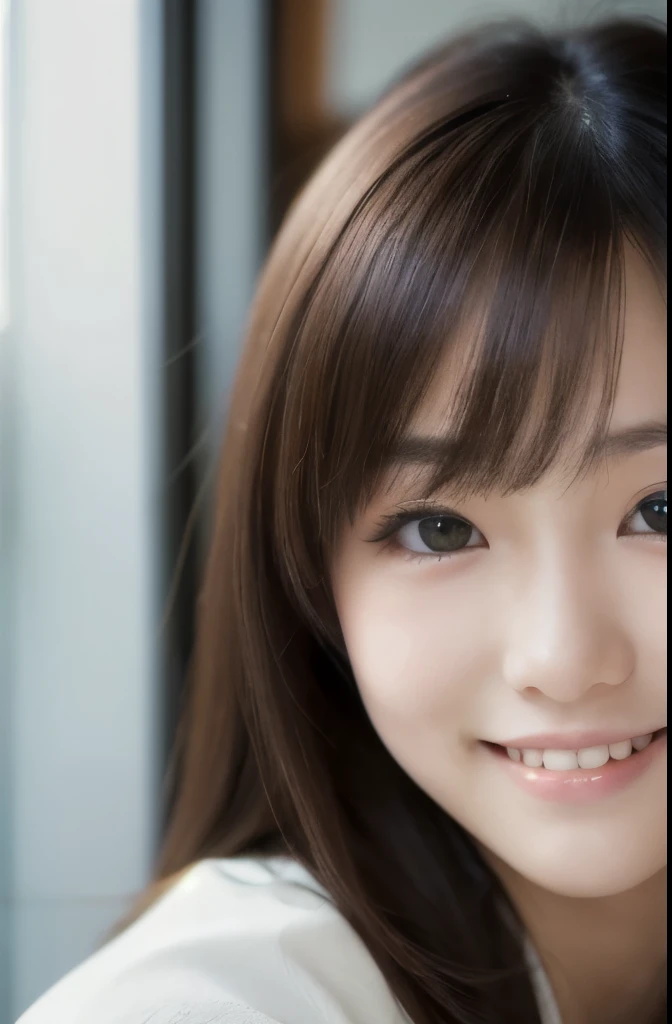 best quality, face focus, soft light, ultra high res, (photorealistic:1.4), RAW photo,(Shinozaki Ai), white skin, kawaii, 1 Japanese girl, solo, cute, (smile), (pupil, lights in the eyes),  detailed beautiful face, Medium-sized breasts,(high resolution detail of human skin texture),(long hair),(portrait), upper body, white traditional kimono