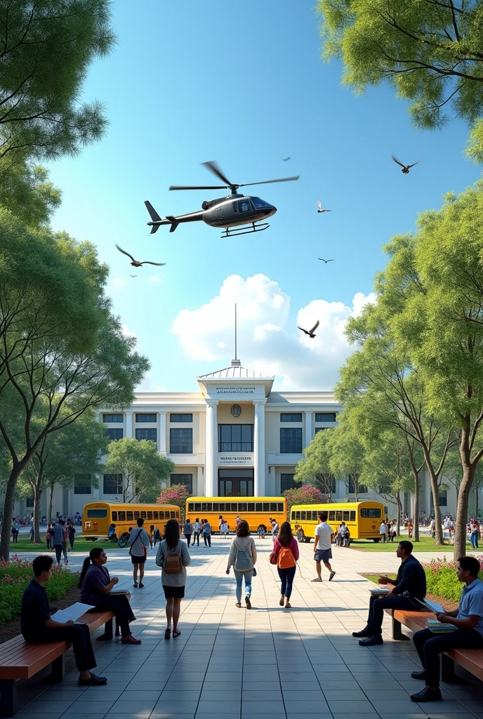 (photorealism:1.2), University Main Block Names NBS Pillay University, studying students, buses, helicopter, trees, plants, Groton, flowers, flying birds