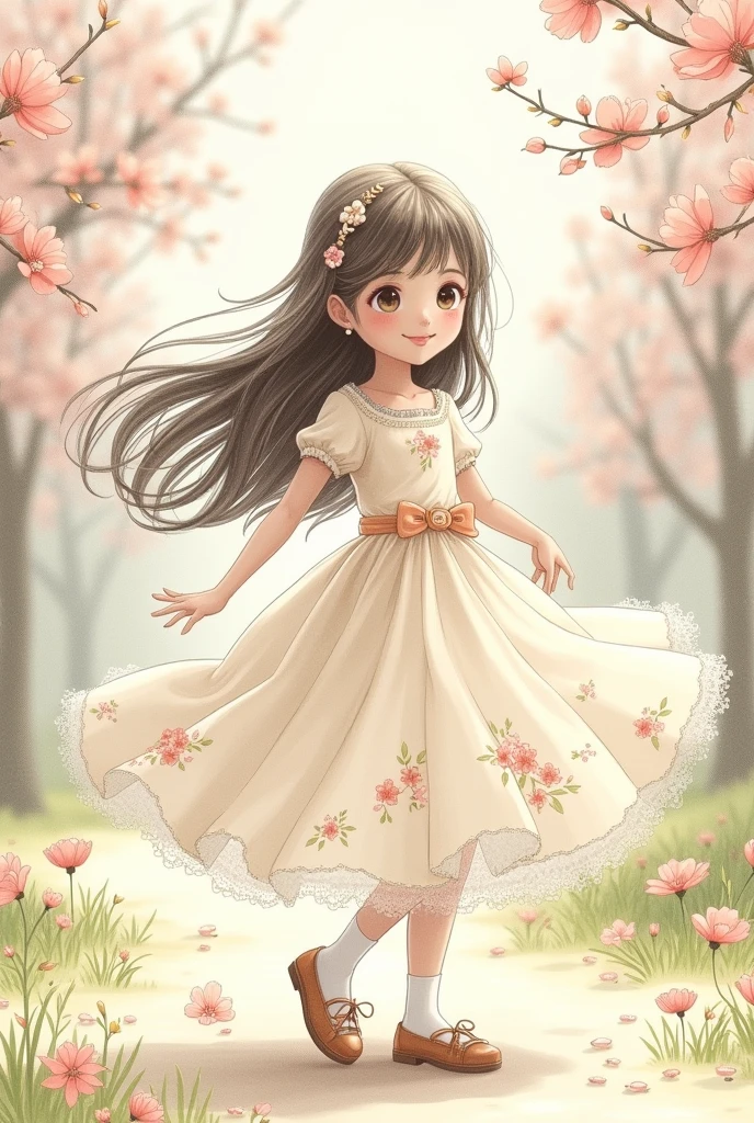 8 years old girl wear a beautiful dress girl hand drawing pencil drawing sketch