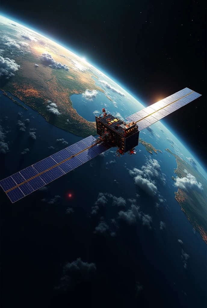 Illustrate the satellite orbiting Earth, with communication lines or beams extending from the satellite to various points on the planet. This symbolizes the satellite’s role in transmitting signals and data.