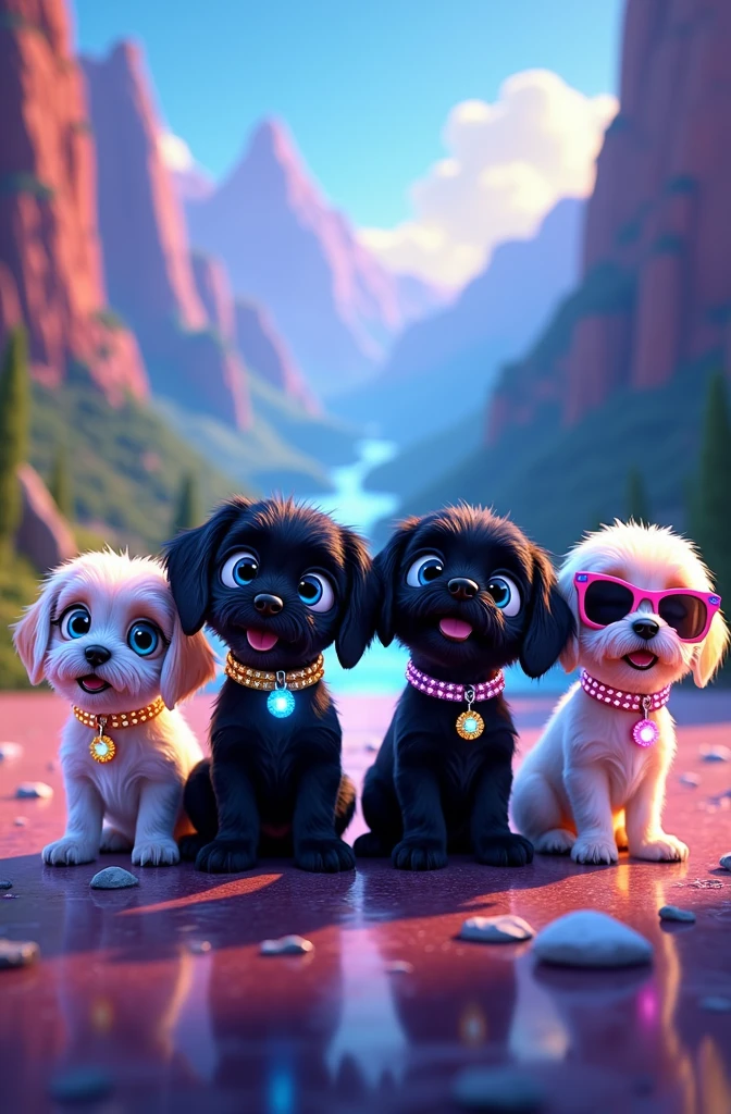 Create a disney movie poster titled Welcome to the Shiht Show in neon colors, mountains and creek on poster, 2 adorable black shih tzu puppies with big blue eyes wearing bright collars and sunglasses, names Violet and Oakley, 1 white shih tzu puppy with light blue eyes wearing a bright pink collar and sunglasses, name lil miss mollie, 1 gold and white shih tzu puppy with light blue eyes wearing a rhinestone collar and sunglasses, name Auggie, 1 white with brown tips shih tzu puppy with light blue eyes wearing a rhinestone collar and sunglasses, name Parker, happy, cheerful, playful, excited, bright colors in background, 3D Pixar style