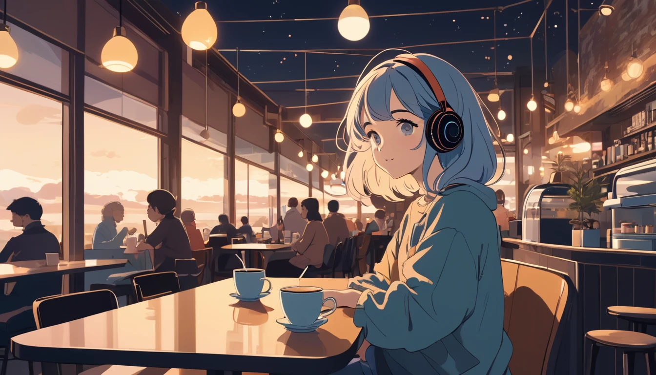 Woman listening to music in a cafe、, Wide-angle lens, Lofi Anime, Illustration of Rofi, Aesthetic atmosphere, Lo-Fi Style, Vector art, Flat Design, Simple shape, Warm tones, Pleasant atmosphere, Chill, Anime Style, Digital drawing, Vector art, Vector logo for t-shirt printing, (Adorable:1.5), (small:1.4), (Playful:1.2), (soft:1.3), (Whimsical:1.1), masterpiece, Highest quality, 8k, Intricate details, growing up, Celestial, mysterious, Picturesque, wonderful, Majestic, magic, Fantasy art, Cover art, dream-like