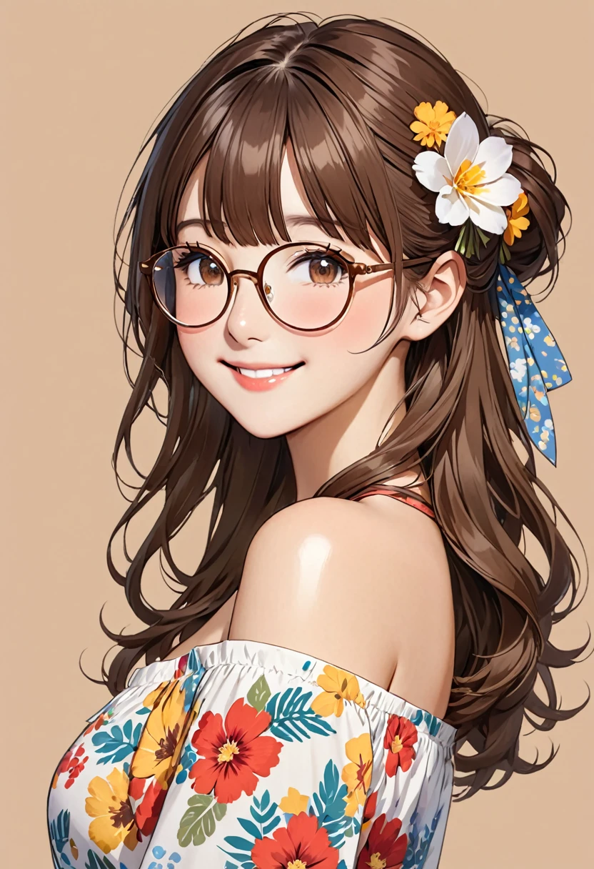 1girl,solo,glasses,brown eyes,smile,looking at viewer,blush,hair flower,flower,hair ornament,upper body,brown hair,bangs,collarbone,closed mouth,bare shoulders,hair between eyes,off shoulder,long hair,floral print,lips,off-shoulder shirt,round eyewear,simple background,breasts,shirt,brown background,brown-framed eyewear,medium hair,white shirt
