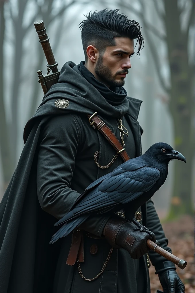 RPG filter
Half-elf, offwhite, with a staff and a raven
Rebellious, militar, short black hair, with white streaks in their hair , he is a man, no beard but very masculine, bad boy, burglar, He's not that old, around 24 years old, has no fringe, Your hair is slicked back with shaved sides