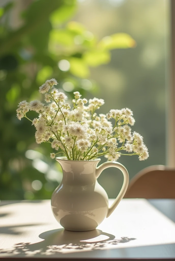 A small, cute vase with 's breath sits on the desk.。Sunlight streams through the trees。A feeling that suits the emotional gray texture