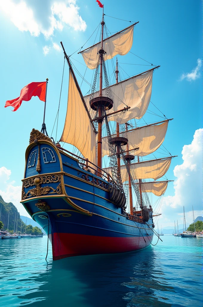 A blue and red ship anchoring halfway in the water