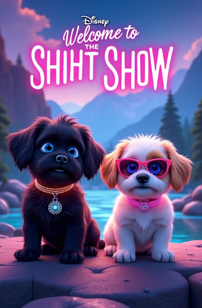 Create a disney movie poster titled Welcome to the Shiht Show in neon colors, mountains and creek on poster, 2 adorable black shih tzu puppies with big blue eyes wearing bright collars and sunglasses, names Violet and Oakley, 1 white shih tzu puppy with light blue eyes wearing a bright pink collar and sunglasses, name lil miss mollie, 1 gold and white shih tzu puppy with light blue eyes wearing a rhinestone collar and sunglasses, name Auggie, 1 white with brown tips shih tzu puppy with light blue eyes wearing a rhinestone collar and sunglasses, name Parker, happy, cheerful, playful, excited, bright colors in background, 3D Pixar style