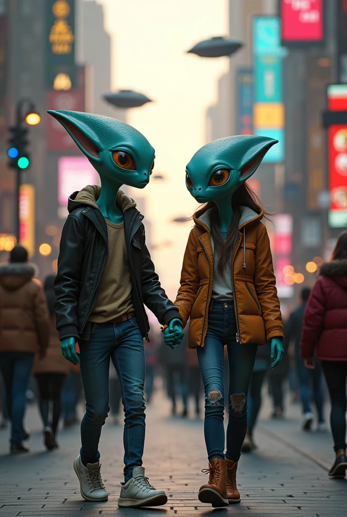 Alien and humans walking together