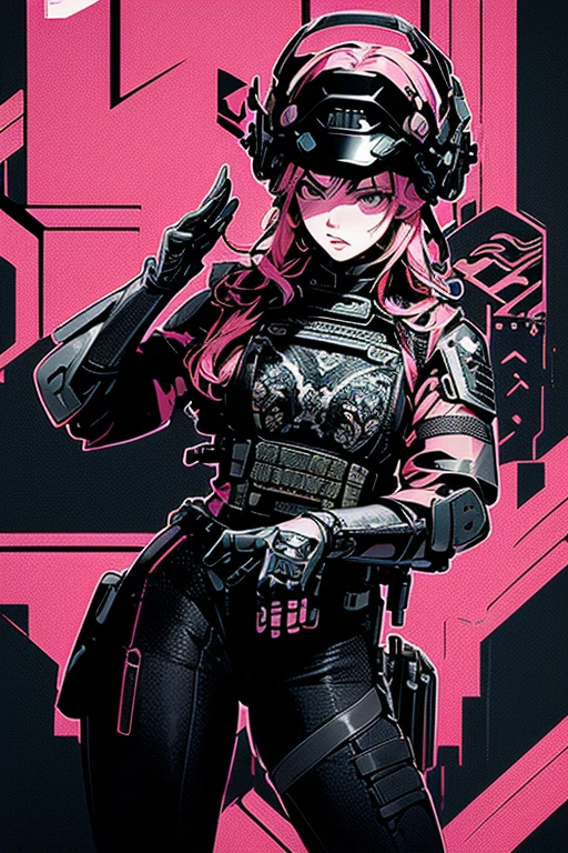 The style of the metal gear is solid., (detailed intricate full cover tactical helmet:1.3), (pink hair), cowboy shot, dynamic pose, 1 girl, One, Ray tracing, (masterpiece), (Best quality), (detailed), (detailed tactical gear:1.1), (body armor:1.1), Combat pants, gloves, (complex background:1.1), 