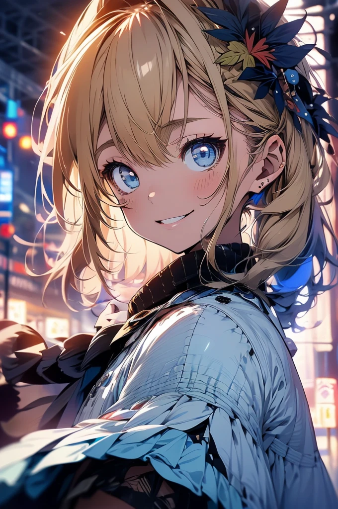 masterpiece, best quality, ultra detailed, insanely detailed, hyper detailed, woman, smiling, walking, looking at viewer, brown eyes, jitome, detailed face, light brown skin, tall, slender, sweater, shorts, teenager, japanese, outside, on the street, with shooting stars, in the evening, with rain, cel anime, sharpen, blue, ahoge, semi long, blue eyes, green background, medium shot, intense wide shot, glad, with fox ears, mole, blonde