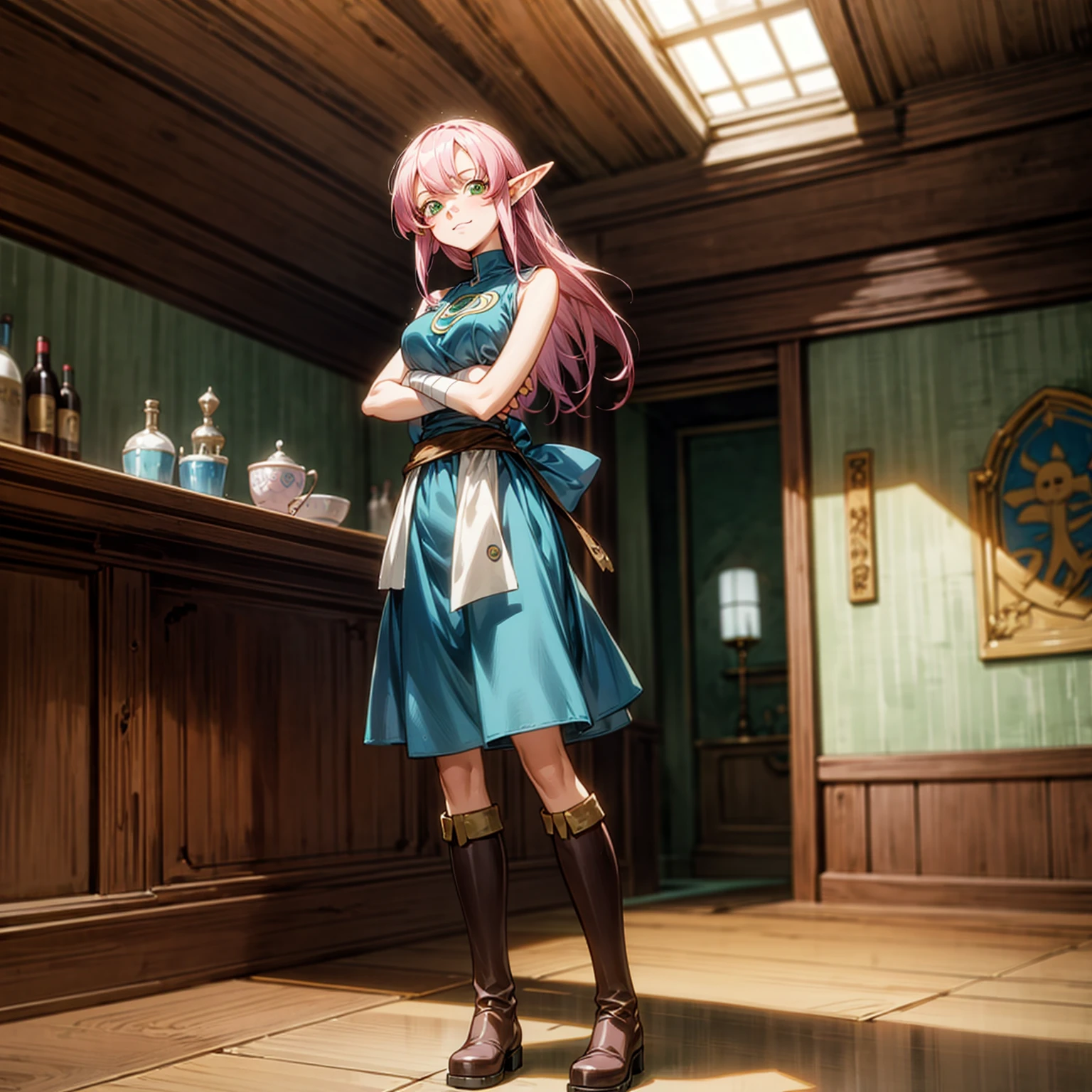 Solo character, full body version, girl, (elf), green eyes, pink color hair, long haircut, blue sleeveless t-shirt, long brown skirt, bandage, boots, indoor, village, bar, kitchen, medieval, detailed background, detailed clothing, detailed hair, sad eyes, smile mouth, big breast, standing gesture, (one piece style art, Doraemon style art)