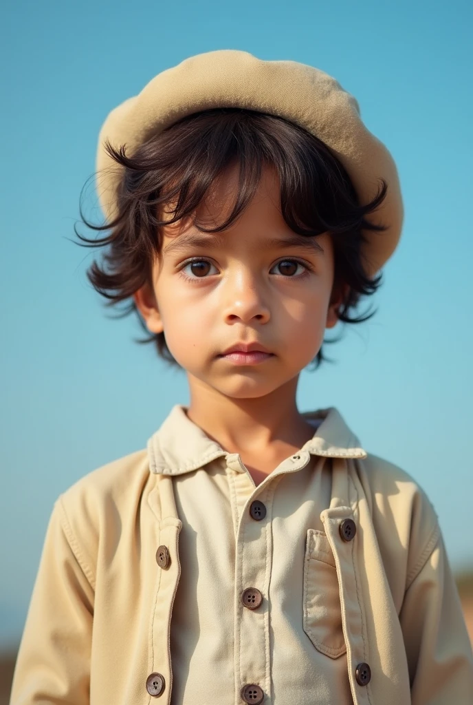 4K Vivid Girl Child, , boys, gram, naturey, Messy hair, Dark Brown Short Hair, hazel eyes, glare eyes, Photographic Model, Country Peasant Dress , little man, masculine, blue sky , beige linen suit jacket , and beret , short social haircut, boy