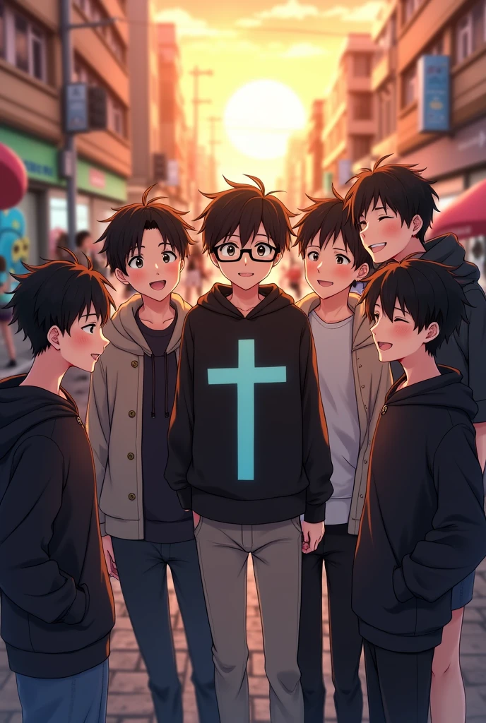 7 anime boys. One wears glasses. One is really short. One is a bit fat. One wears a black hoodie and have a light blue cross on it. All has black hair.