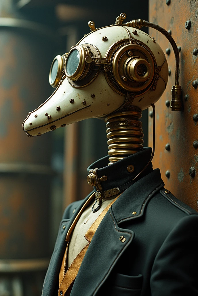 A raw photo captured with a 35mm film camera, featuring noticeable film grain. The subject is a steam-punk human with an elongated neck, adorned with metallic gears, brass tubes, and intricate mechanical components. The human has a Victorian-era outfit with a high collar, goggles on their forehead, and a monocle. The background is slightly blurred with a mix of industrial elements and soft, diffused lighting, creating a vintage, gritty atmosphere.