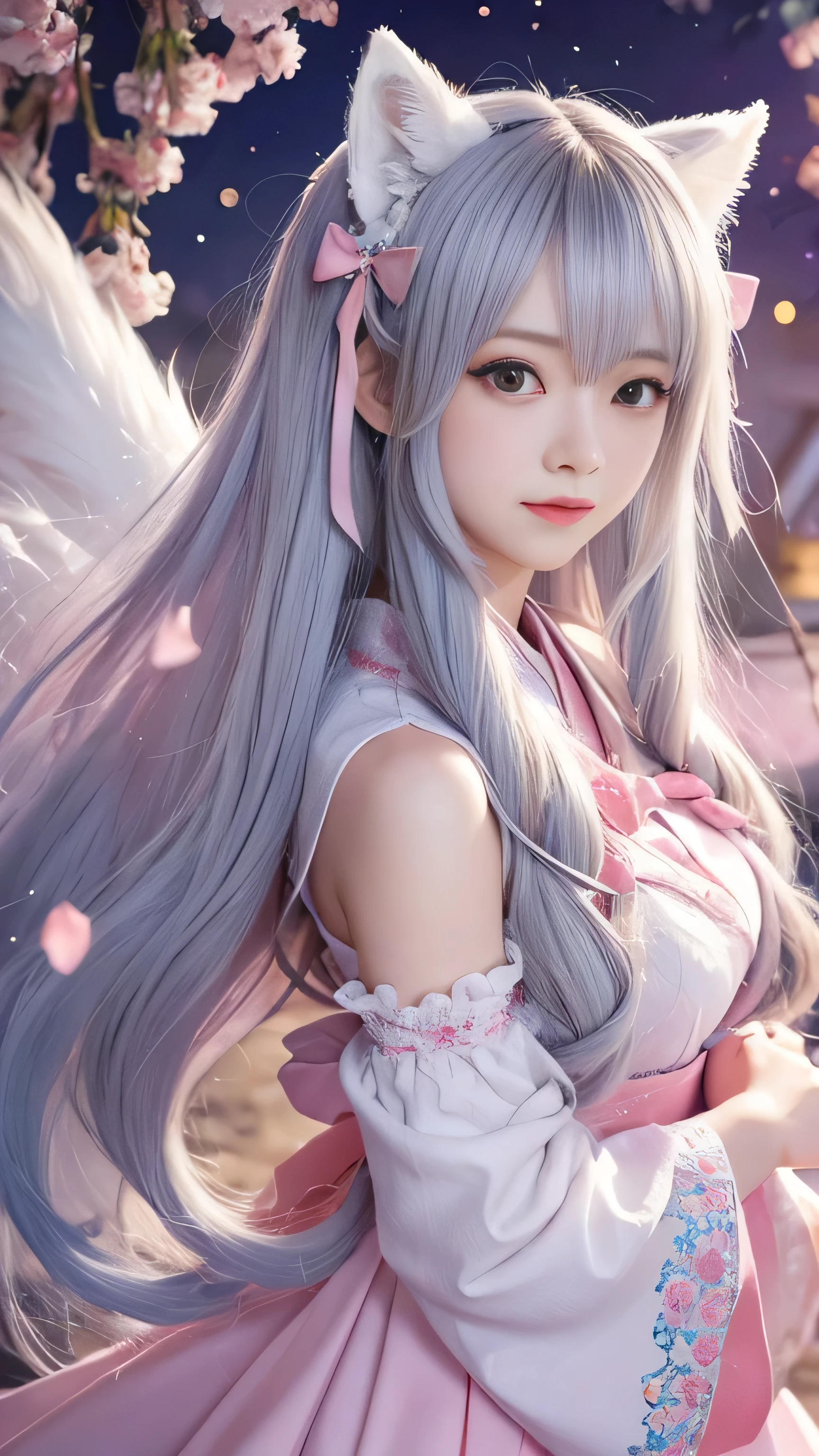 "Depict Tamamo-no-Mae, the legendary nine-tailed fox spirit from Japanese folklore, reimagined as the ultimate moe character while retaining her iconic features. Her long, flowing silver hair cascades down her back in soft, gentle waves, with large, fluffy fox ears that twitch adorably, enhancing her kawaii charm. Her eyes are large and sparkling, filled with innocence and warmth, glowing with a soft, pastel light that draws in those who gaze upon her.

Her nine tails are plush and voluminous, each one perfectly fluffed and moving playfully behind her, adding to her endearing and captivating presence. The tails are tipped with a delicate, soft pink hue, giving them a magical and whimsical feel.

She wears a cute, frilly outfit in pastel colors, blending traditional Japanese elements with modern moe aesthetics. The outfit includes a short, flowing kimono with puffed sleeves, adorned with ribbons, bows, and delicate floral patterns that highlight her charming and youthful appearance. The obi is tied in an oversized bow at the back, adding to her overall cuteness.

Her expression is sweet and slightly shy, with a light blush on her cheeks and a small, gentle smile that exudes pure moe energy. She might be holding a small, cute accessory, like a plush fox or a magical wand, further enhancing her kawaii appeal.

The background is a vibrant and cheerful setting, perhaps a bright, cherry blossom-filled park or a magical, pastel-colored world with floating clouds and twinkling stars. The scene is filled with light and warmth, perfectly complementing her moe charm and making her the embodiment of ultimate cuteness and enchantment."
