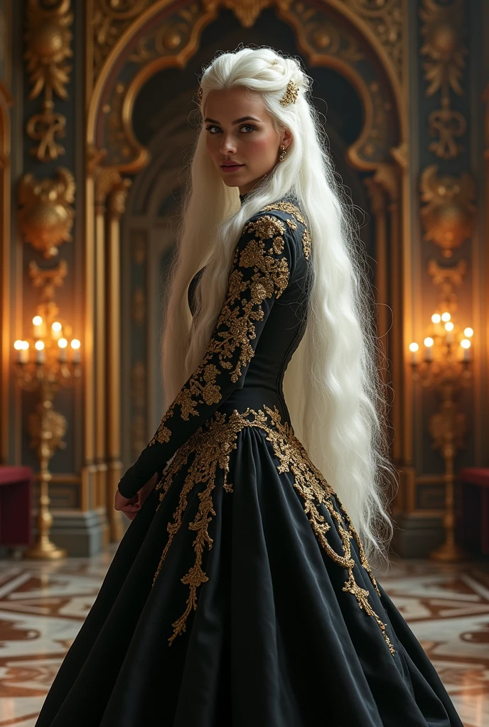 A mean princess with long white hair and gold eyes